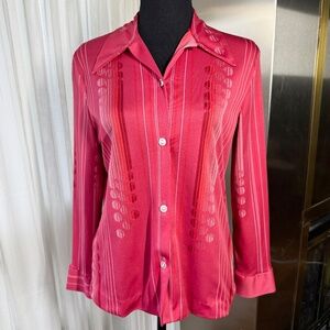 Vintage 70s top, raspberry red, white abstract stripes, long sleeves, 8/10 (M)